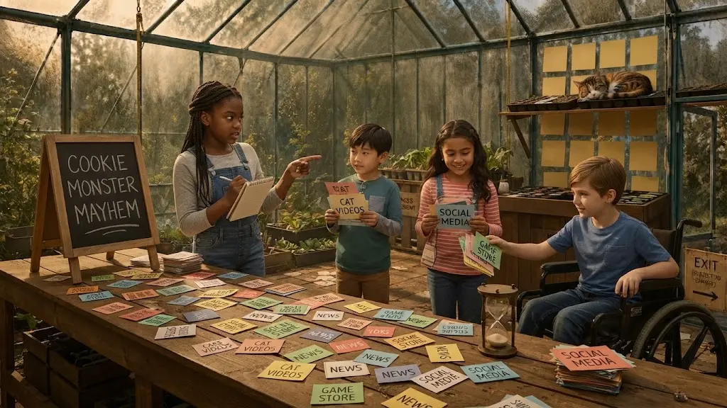 Four children in a greenhouse around a long table strewn with coloured cards labelled CAT VIDEOS, NEWS, SOCIAL MEDIA and GAME STORE. One girl stands apart with a notebook and pencil, writing down what the others pick up, while a boy in a wheelchair reaches for a card at the end of the table. A chalkboard reads COOKIE MONSTER MAYHEM and a tabby cat sleeps on the shelf above.