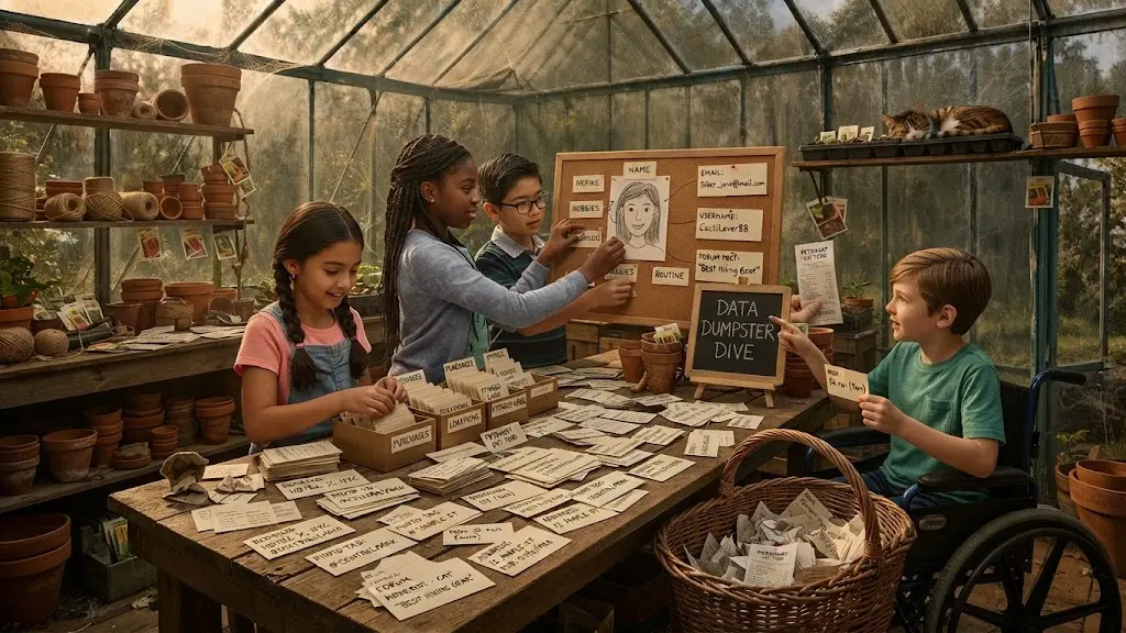 Paper scraps cover a potting bench and spill from a wicker basket beneath it, each one a fragment of somebody's day. Three children pin their findings to a corkboard where a portrait is taking shape beside the headings NAME, ADDRESS and ROUTINE, and a fourth holds up one more scrap. The chalkboard reads DATA DUMPSTER DIVE.