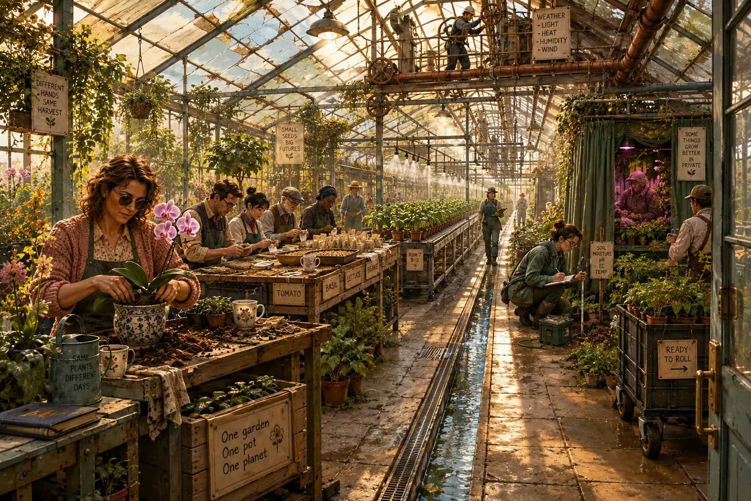 A long greenhouse in low afternoon sun, worked by many people at once. In the foreground a woman in an apron repots a single pink orchid, a watering can beside her lettered SAME PLANTS DIFFERENT DAYS and a crate at her knee reading One garden, one pot, one planet. Behind her a line of gardeners works along a shared bench of seed trays and labelled boxes, TOMATO and BASIL among them, under hanging signs reading DIFFERENT HANDS SAME HARVEST and SMALL SEEDS BIG FUTURES. A water channel runs the length of the floor, ranked young plants receding on either side of it, misting nozzles playing over the far benches and a supervisor walking the aisle with a clipboard. High in the roof a figure in a hard hat and harness turns a valve wheel on the pipe run, beneath a board listing WEATHER, LIGHT, HEAT, HUMIDITY and WIND. On the right a gardener kneels with a notebook and a soil probe by a sign reading SOIL MOISTURE, PH, EC, TEMP, a curtained bay glows magenta under its own lamp behind a card reading SOME THINGS GROW BETTER IN PRIVATE, and a cage trolley of potted plants waits on castors by the open door, labelled READY TO ROLL.