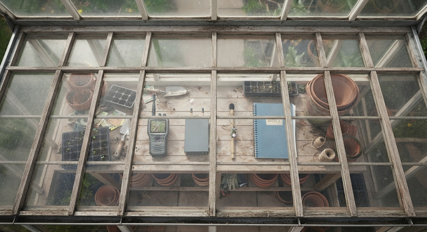 A potting bench seen from above through the glass roof of a greenhouse, between seed trays, a trowel and stacked terracotta pots. In a row on the bench: a handheld radio receiver with a small screen showing green rows from the air, a matte grey box with two stub antennae, a bamboo cane with a microphone and a small circuit board tied to it, and a thick blue notebook.