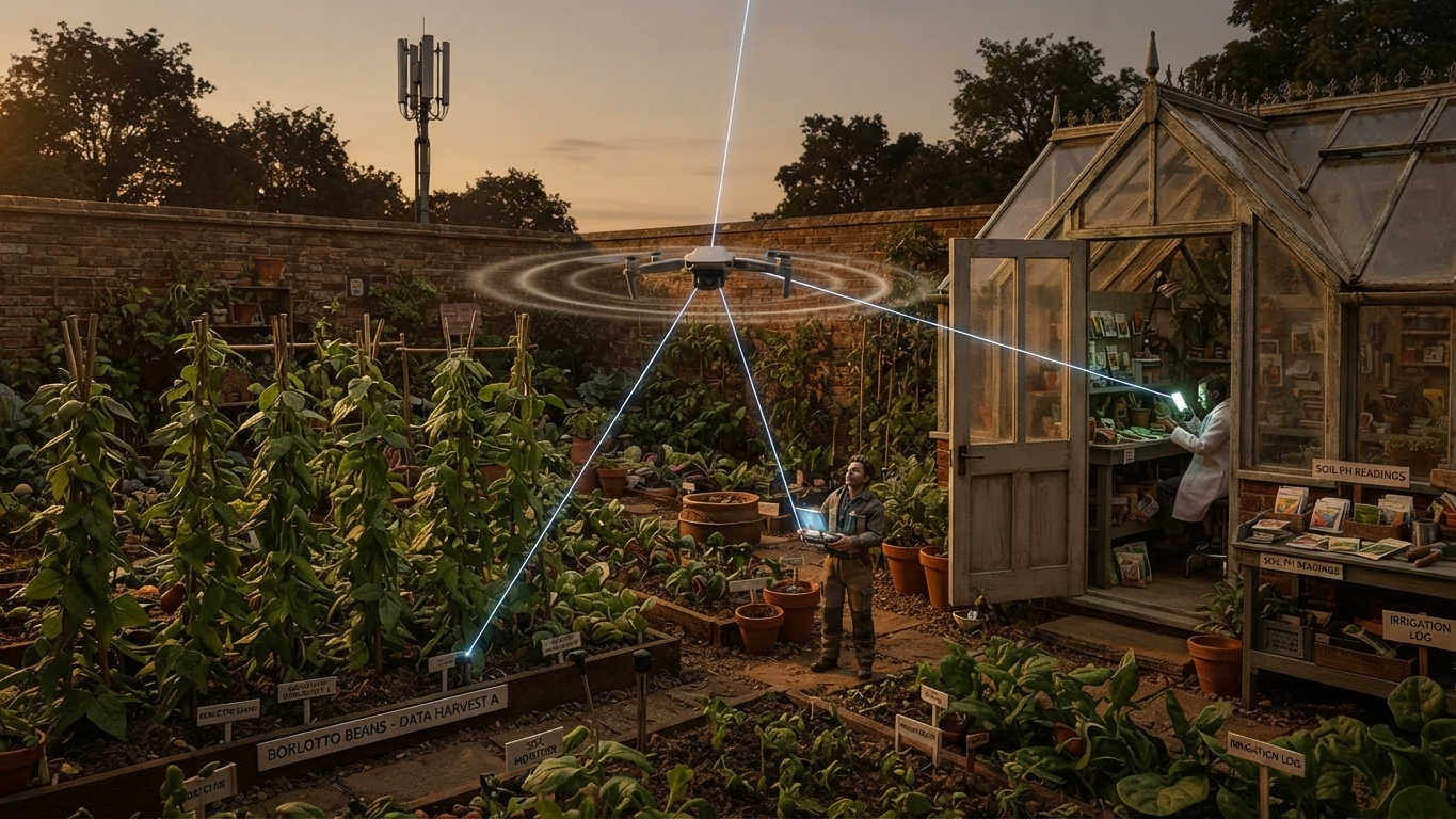 A walled kitchen garden at dusk. A small grey quadcopter hovers over the bean rows with rings spreading out from it, and four thin lines of light leave it: one down to a gardener on the path holding a controller, one straight up into the sky, one to a bed marker in the foreground, and one through the open door of a glasshouse to a figure at a potting bench reading a small lit screen. Beyond the garden wall a mobile phone mast stands among the trees.