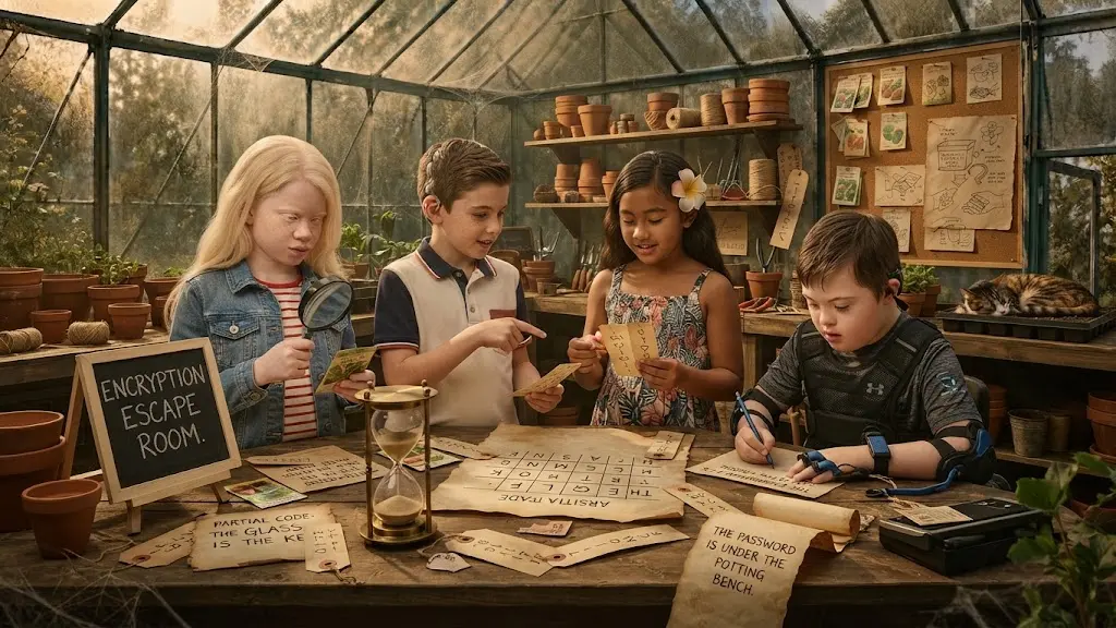 Four children work through sheets of cipher text spread across a potting bench, one with a magnifying glass, one writing out a solution. Decoded strips read THE GLASS IS THE KEY and THE PASSWORD IS UNDER THE POTTING BENCH. A brass hourglass marks the time limit, and the chalkboard reads ENCRYPTION ESCAPE ROOM.