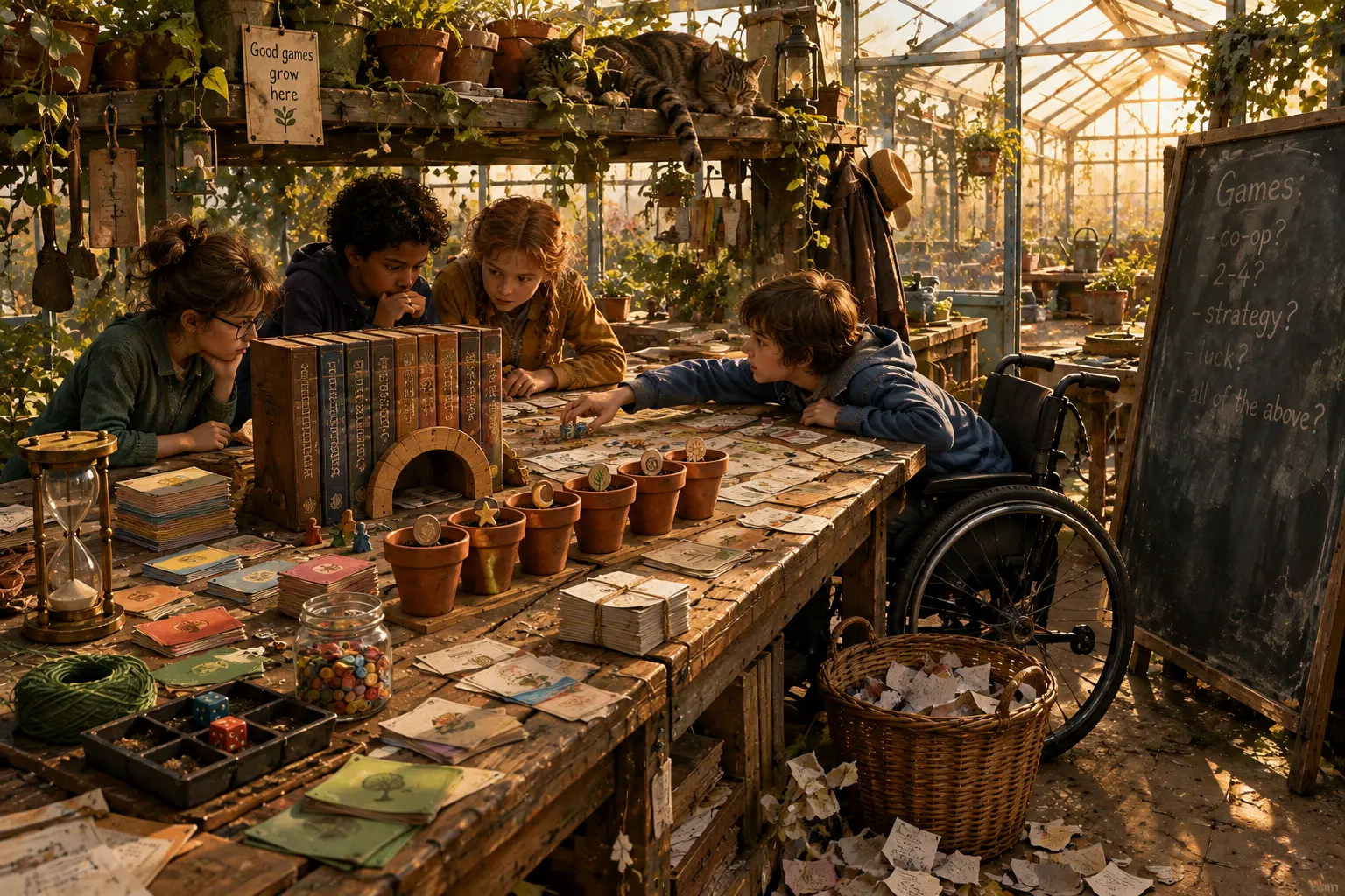A long potting bench in a greenhouse in low golden afternoon light, covered with the makings of several games at once. Coloured cards and seed packets lie in overlapping piles down its length, a row of books stands on end with a small wooden arch tunnelling beneath them, and a line of terracotta pots each holds a token, with painted figures waiting beside them. At the near end a brass hourglass has run through, next to a glass jar of coloured counters, a coil of green twine and two dice in a compartmented tray. A wicker basket of paper scraps sits on the floor with more scattered around it. Three children lean on the bench thinking it over while a fourth, in a wheelchair, reaches across to the pots. A tabby cat sleeps along the shelf above, beneath a hanging card reading GOOD GAMES GROW HERE, and a blackboard at the far end carries the question being settled: Games: co-op? 2-4? strategy? luck? all of the above?
