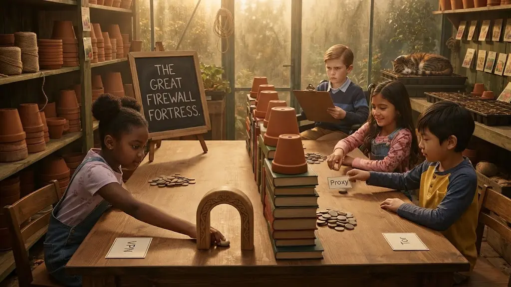 A wall of stacked books runs down the middle of a long table, with a small wooden arch tunnelling under it at one end. A girl crouches to push a counter through the arch past a card marked VPN, while children on the far side wait with cards marked Proxy and Tor and a boy watches over the wall with a clipboard. The chalkboard reads THE GREAT FIREWALL FORTRESS.