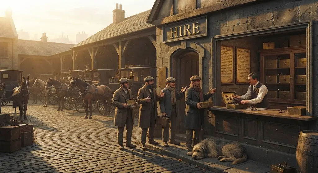 A carriage yard off a cobbled street at golden hour, horses and hire carriages ranked along one side. Above the yard office, one gilded word: HIRE. A queue of drivers waits at a counter, each holding his own brass case open while a clerk presses four small company seals into the lid. On the wall behind the clerk hangs a tariff board and a notice of terms, both in small print far too fine to read. Through the office window a locked cabinet is visible with a row of the company's own cases in it, nearly all the shelves empty. The drivers are talking about the weather. A dog sleeps across the office step, in everybody's way.