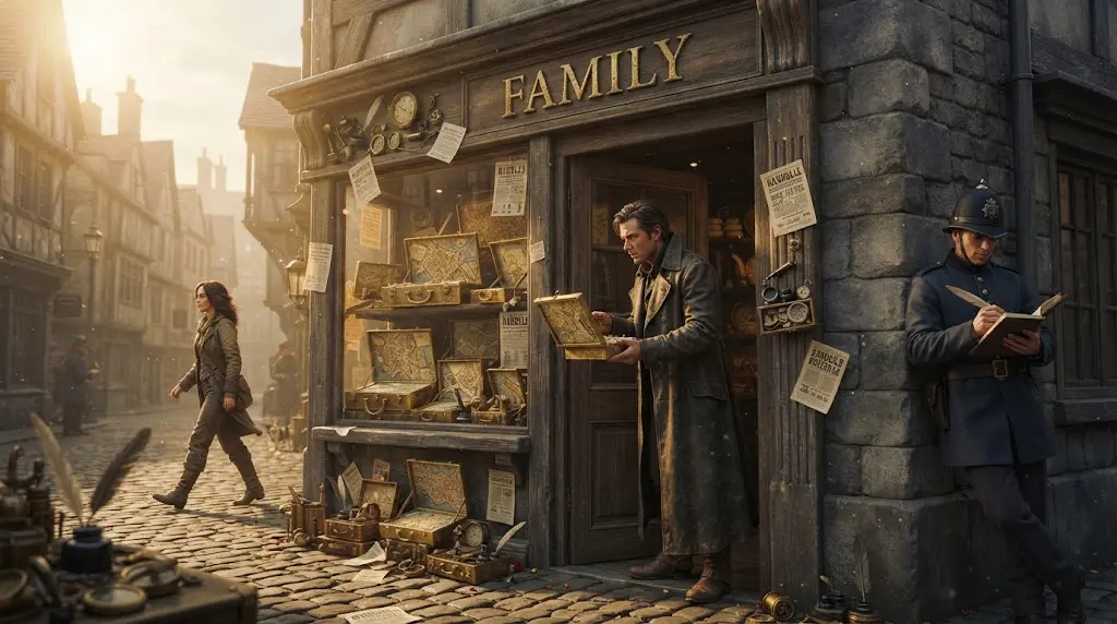 A shopfront on a cobbled street in low golden light, its window full of open brass cases showing little maps of the city. Above the door, one gilded word: FAMILY. Every handbill in the window is small print too fine to read. In the doorway a man holds one of the cases open, watching a single bead creep along a street on its map; behind him, along that same street and lit by the same low sun, a woman walks home past the shop without glancing in. She is the bead. A watchman leans on the corner writing in a notebook, recording neither of them.