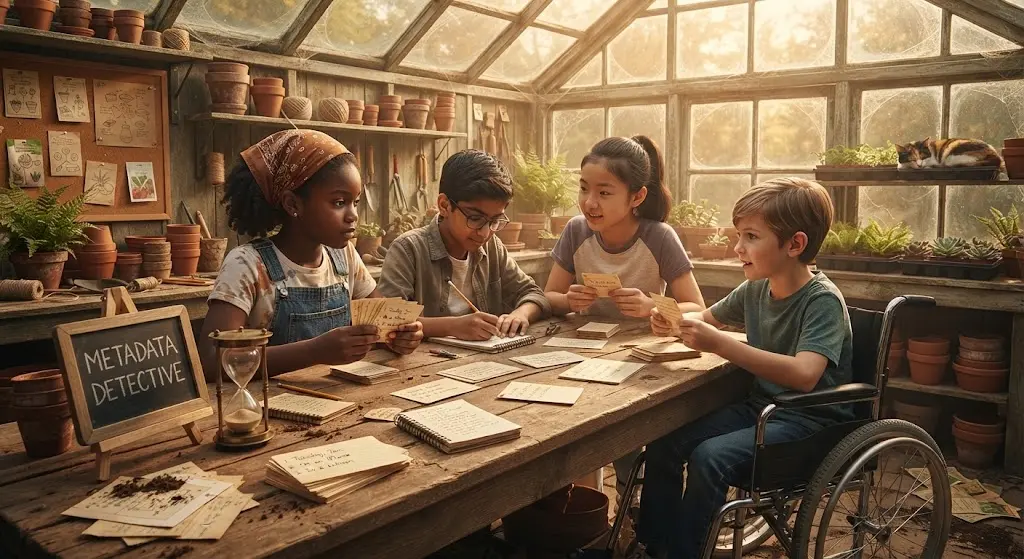Four children at a long greenhouse table passing small cards between them, each written on the back rather than the front. One takes notes while the others study the three clues they have been dealt. An hourglass stands beside the chalkboard, which reads METADATA DETECTIVE.