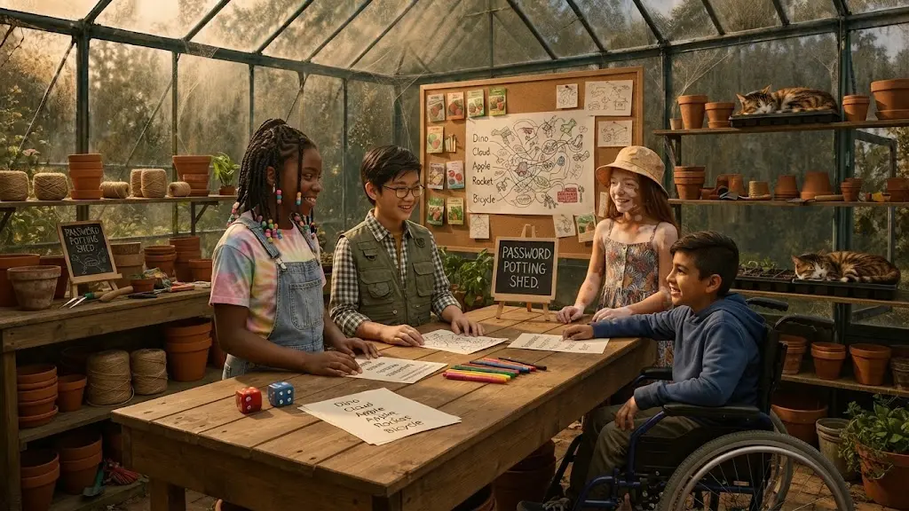 Four children around a potting bench with two large dice, coloured pens and handwritten word lists. On the pinboard behind them a drawing links five words, Dice, Cloud, Apple, Rocket and Bicycle, into one picture. A chalkboard reads PASSWORD POTTING SHED, and cats sleep among the pots on either side.