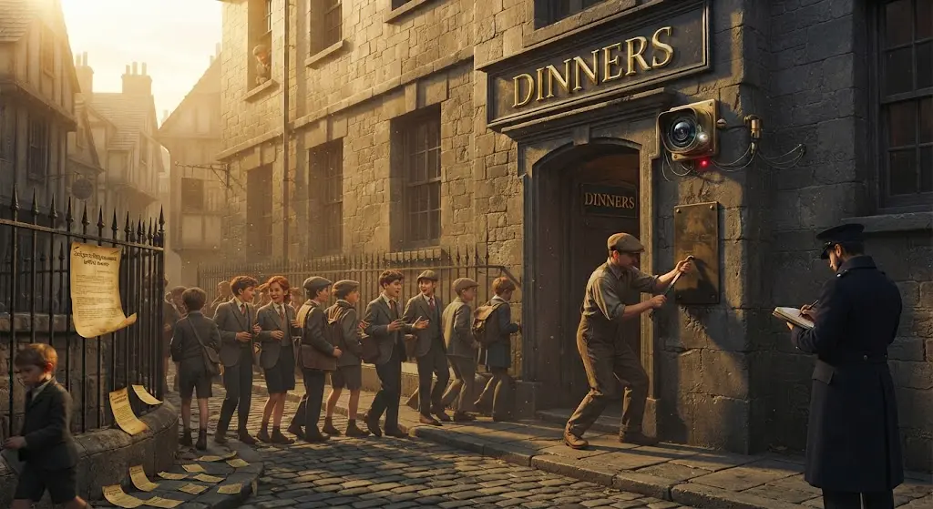 A school frontage of grey stone at golden hour, with a long queue of pupils filing in at a side door. Above the door, one gilded word: DINNERS. Beside the door at waist height a worn brass plate is being levered off its mounting by a workman, its centre polished pale by seven years of thumbs; on the frame above it a new lens sits in a fresh brass housing, already wired and already watching the queue. Pinned to the railings a notice curls in the sun with its tear-off slip still attached, the small print too fine to read, and the slips of a dozen identical notices lie uncollected in the gutter below it. The pupils in the queue are fifteen and sixteen and are talking to each other. A watchman stands across the street writing in a notebook, facing the road.