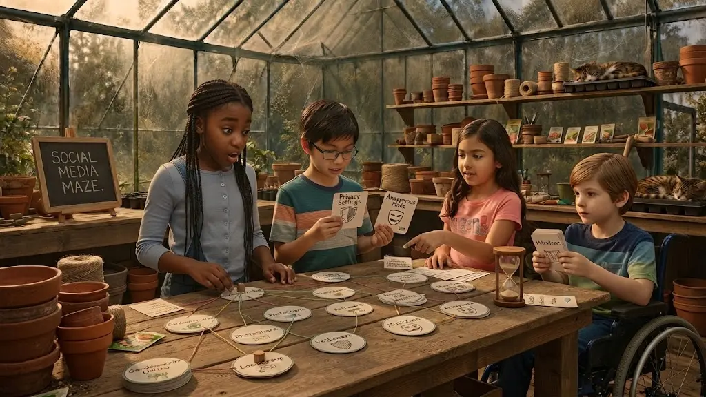 Round account cards lie across a potting bench, joined to one another by lengths of green twine. Children move a token between them, holding cards marked Privacy Settings and Anonymous Mode, while an hourglass runs at the table's edge. The chalkboard reads SOCIAL MEDIA MAZE.
