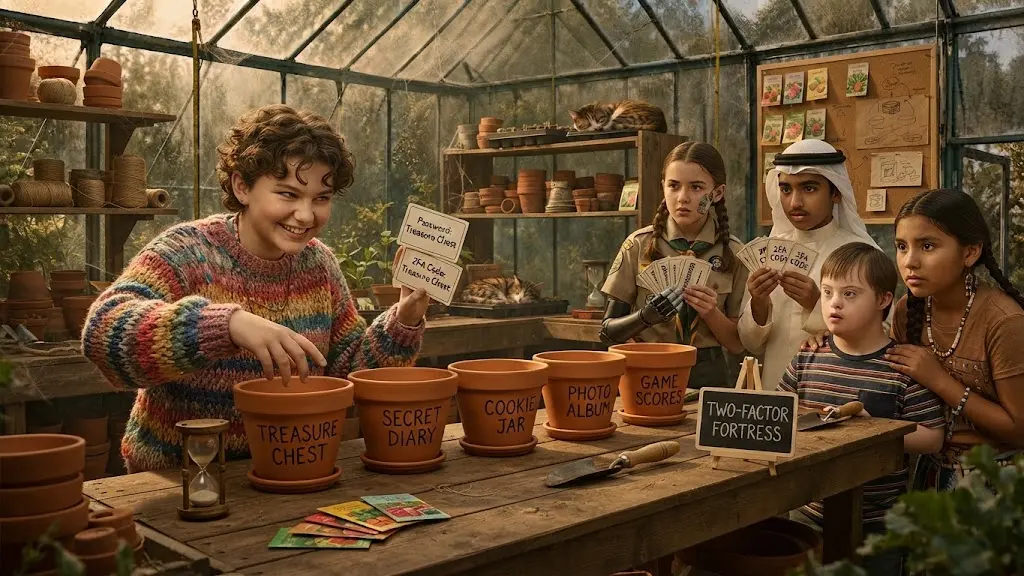 A row of terracotta pots labelled TREASURE CHEST, SECRET DIARY, COOKIE JAR, PHOTO ALBUM and GAME SCORES stands along a potting bench. One child reaches for a pot holding two cards at once, a password and a code, while the others keep their own cards fanned and close. An hourglass runs beside the pots and the chalkboard reads TWO-FACTOR FORTRESS.