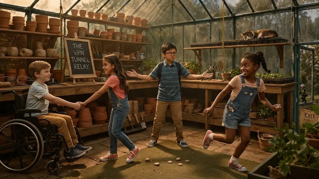 A boy in a wheelchair and a girl hold hands across the greenhouse floor to make an arch, and another girl runs through it at full tilt. A fourth child stands in the open beyond the arch with both arms spread, ready to tag whatever crosses outside it. A chalkboard against the potting bench reads THE VPN TUNNEL RELAY.