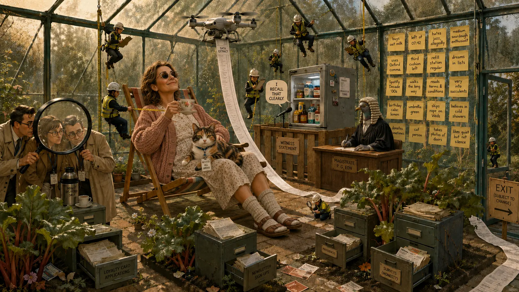 A woman sits in a deckchair in a greenhouse reading a long paper scroll of terms and conditions that unspools past her feet, a tabby cat wearing an identity badge asleep on her lap. She is perfectly calm and entirely surrounded: figures in hard hats abseil down the glass on ropes, a drone hovers above her, three men press an enormous magnifying glass to the pane on her left, and the panes on her right are papered over with yellow notes giving her birthday, her mother's maiden name, her first pet, her holiday photos. A robed clerk in a judge's wig presides at a desk marked WITNESS STATEMENT, crates of filed paperwork cover the floor, and the way out is signposted EXIT, SUBJECT TO CONSENT.